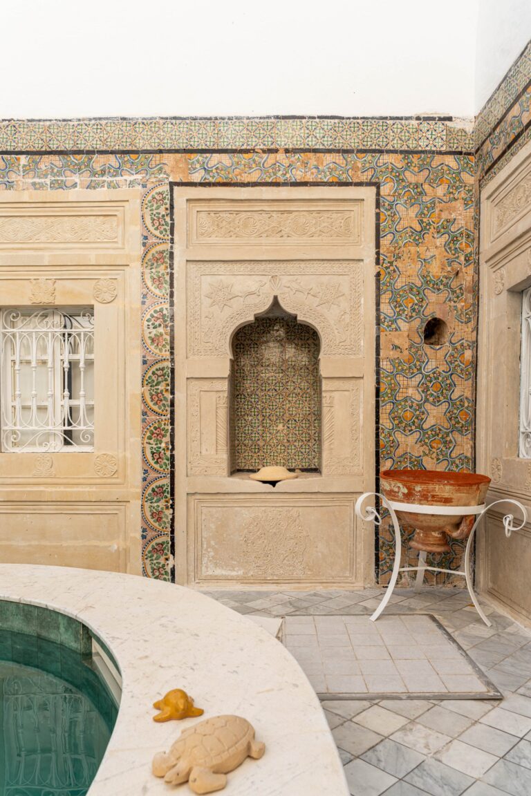 Traditional tiles and carved stone at Dar Fenina, Hammamet
